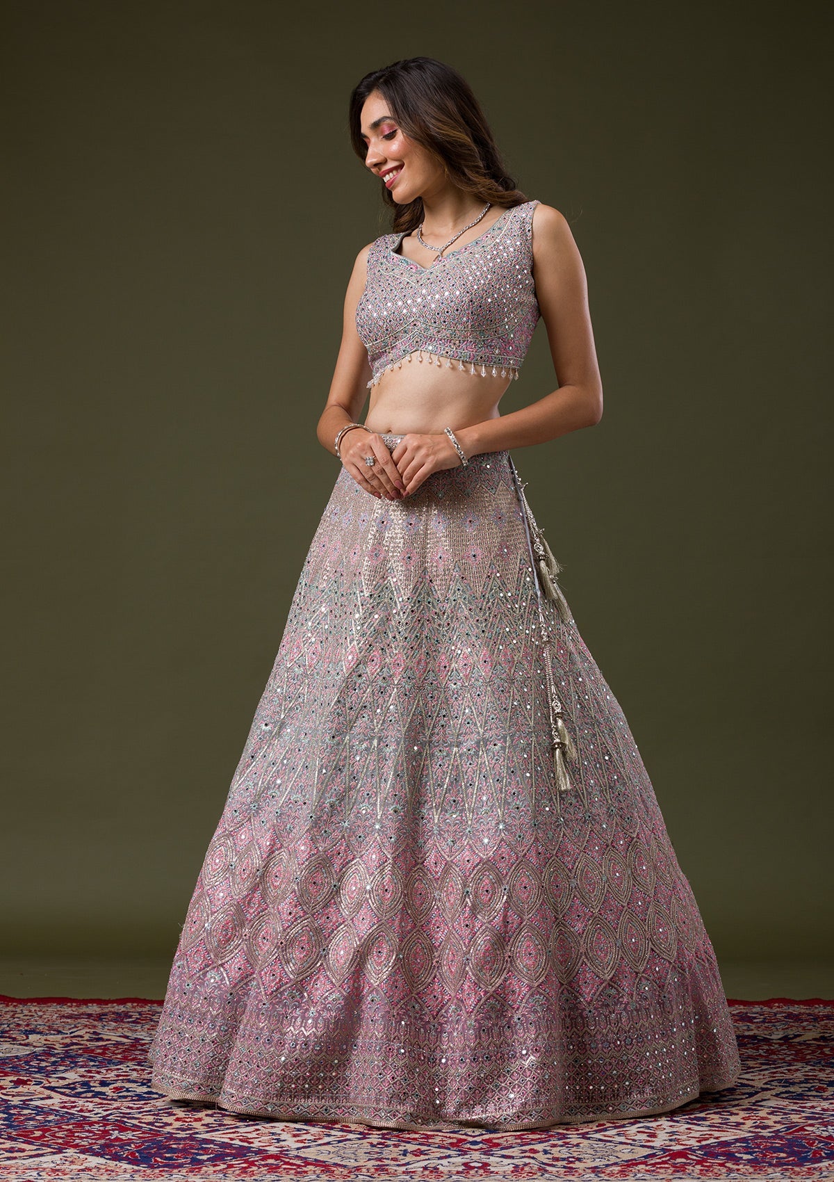 Pink Threadwork Net Readymade Lehenga-Koskii