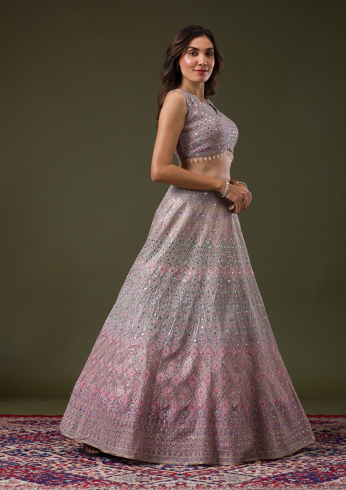 Pink Threadwork Net Readymade Lehenga-Koskii