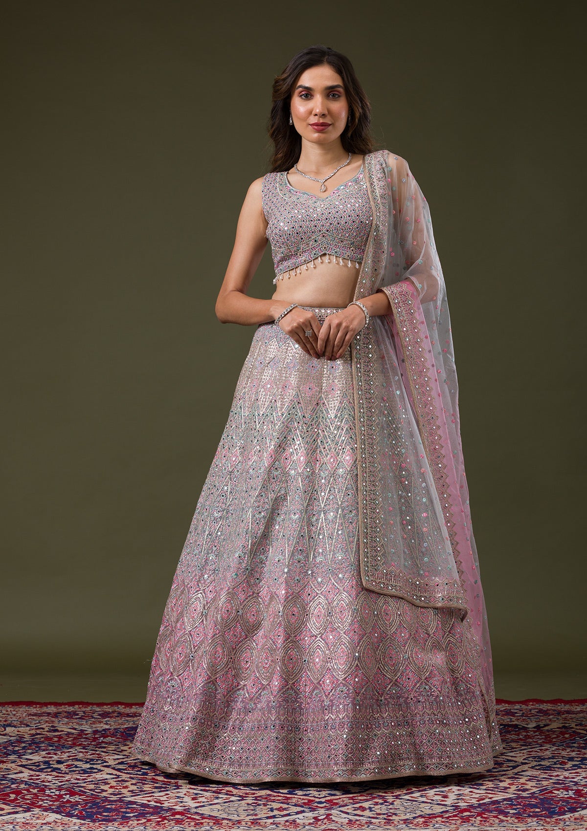 Pink Threadwork Net Readymade Lehenga-Koskii