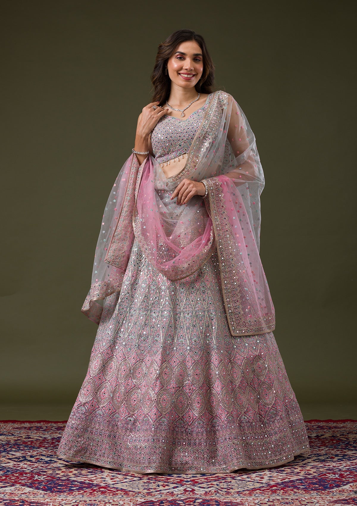 Pink Threadwork Net Readymade Lehenga-Koskii