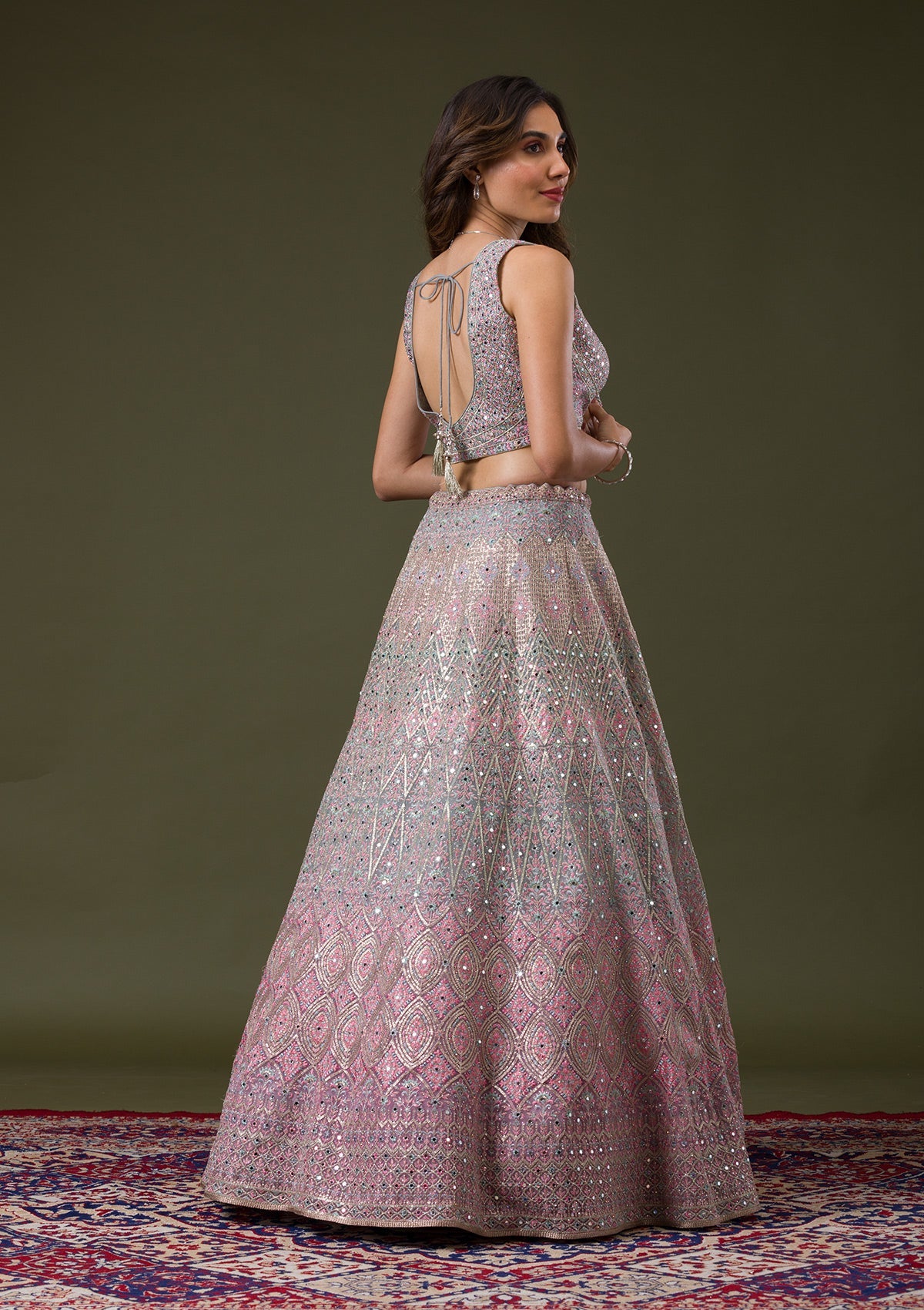 Pink Threadwork Net Readymade Lehenga-Koskii