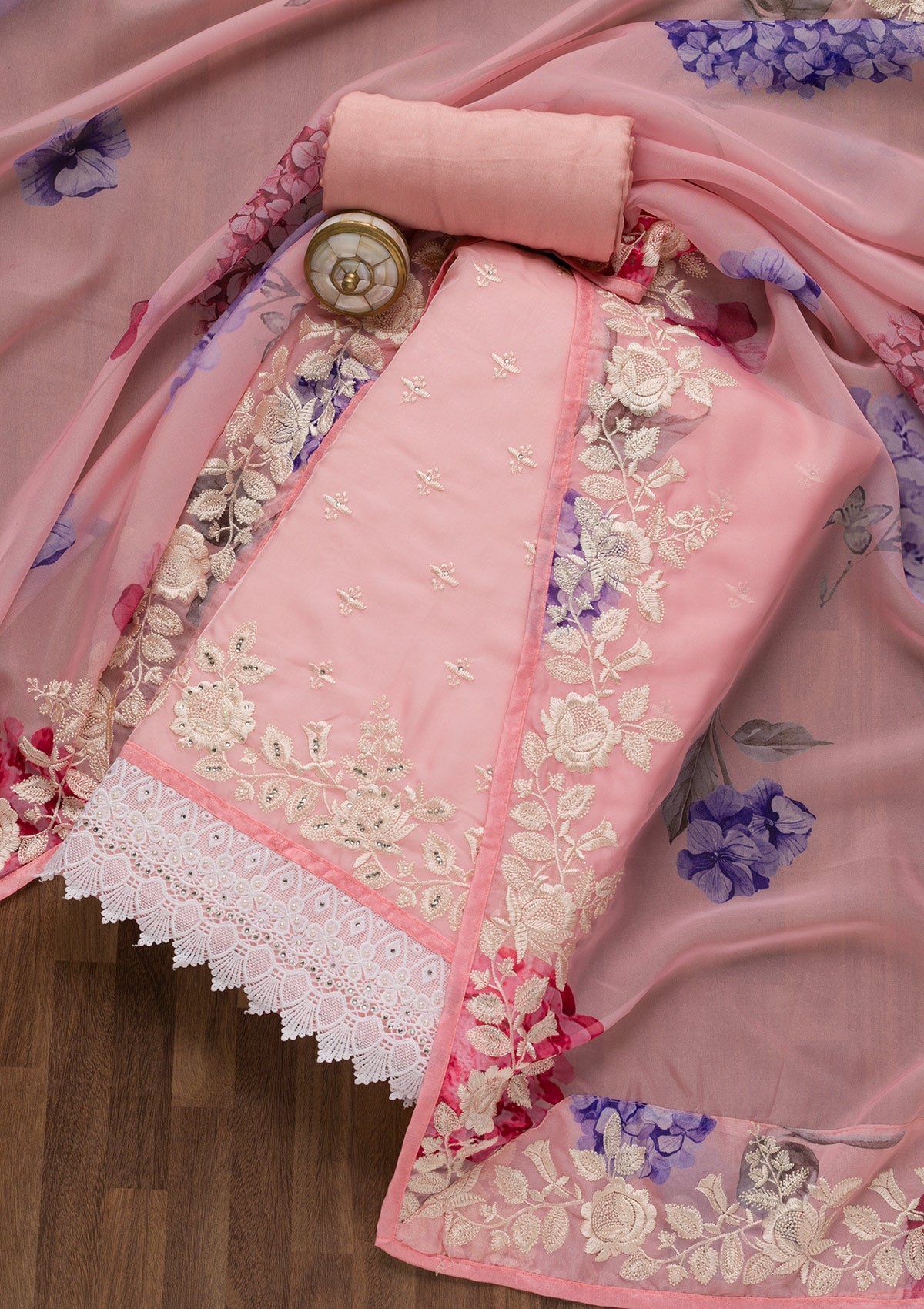 Pink Threadwork Organza Unstitched Salwar Suit-Koskii