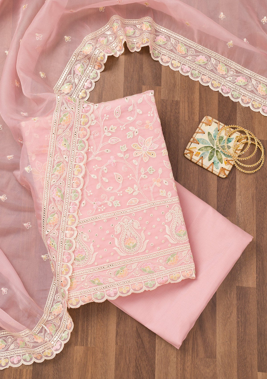 Pink Threadwork Organza Unstitched Salwar Suit-Koskii