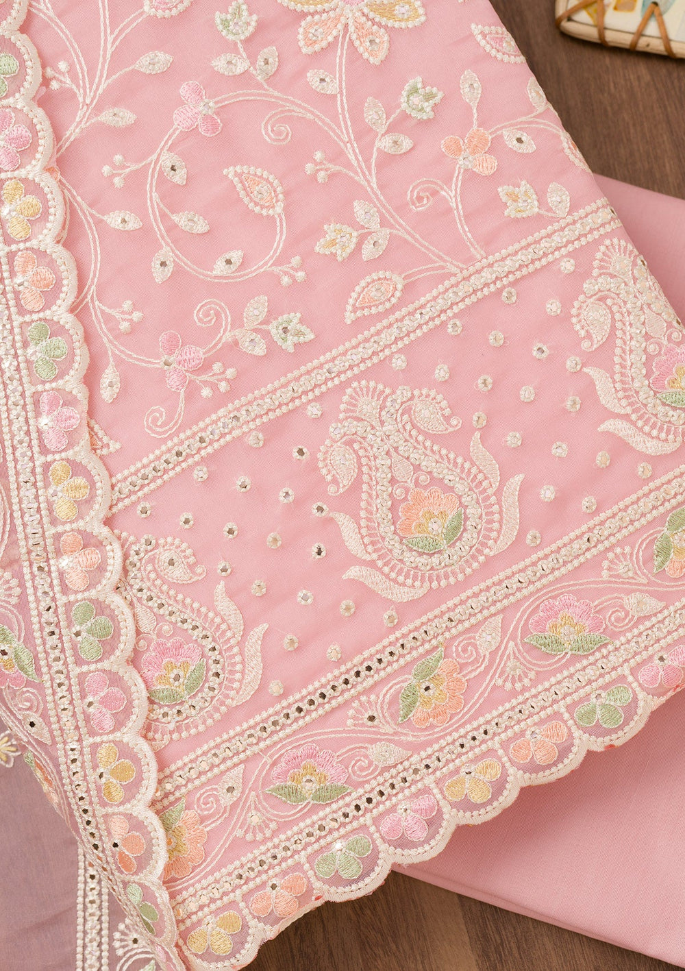 Pink Threadwork Organza Unstitched Salwar Suit-Koskii