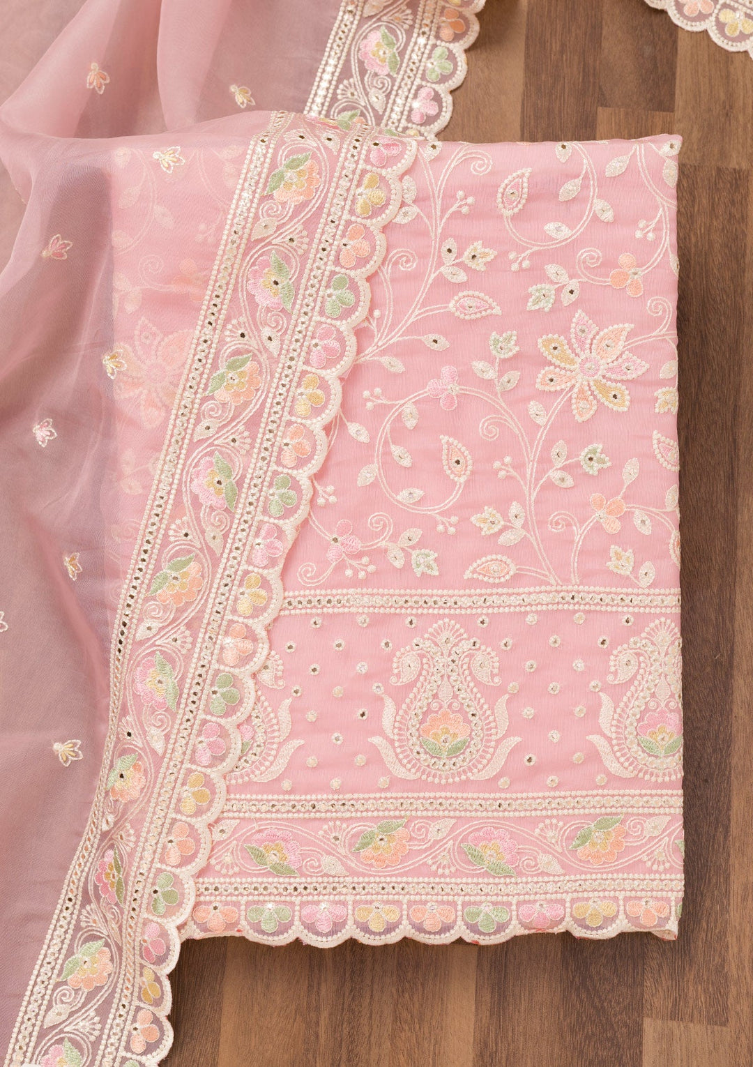 Pink Threadwork Organza Unstitched Salwar Suit-Koskii