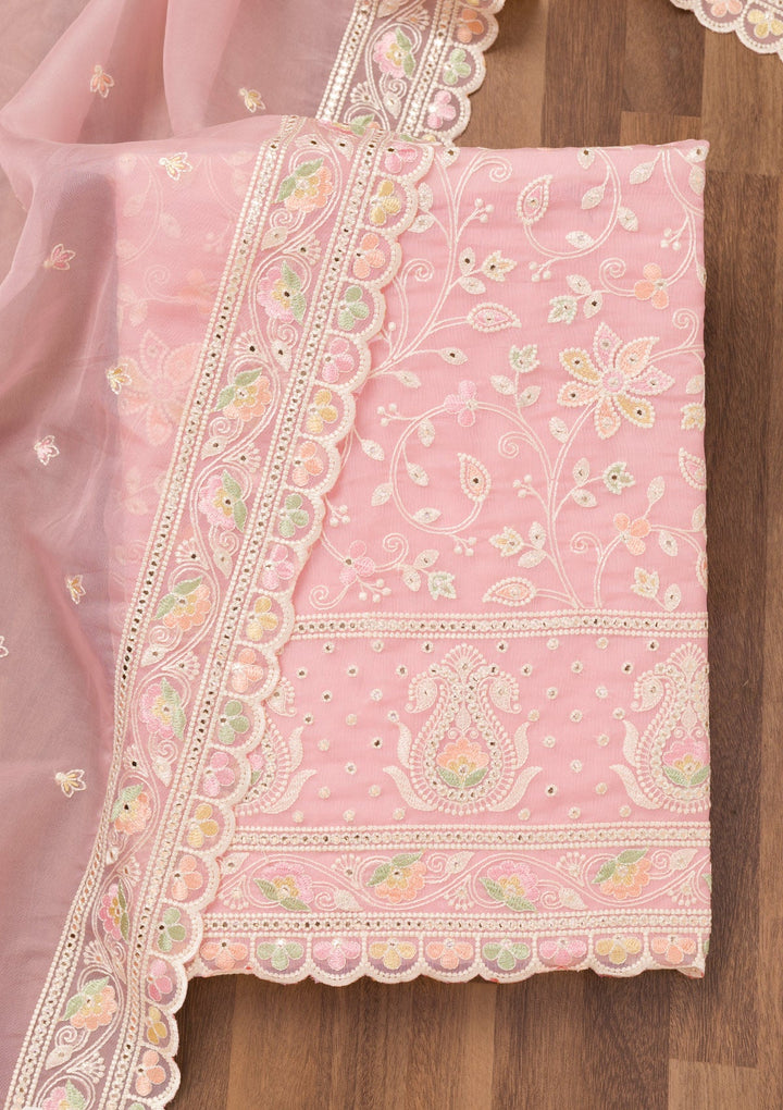 Pink Threadwork Organza Unstitched Salwar Suit-Koskii