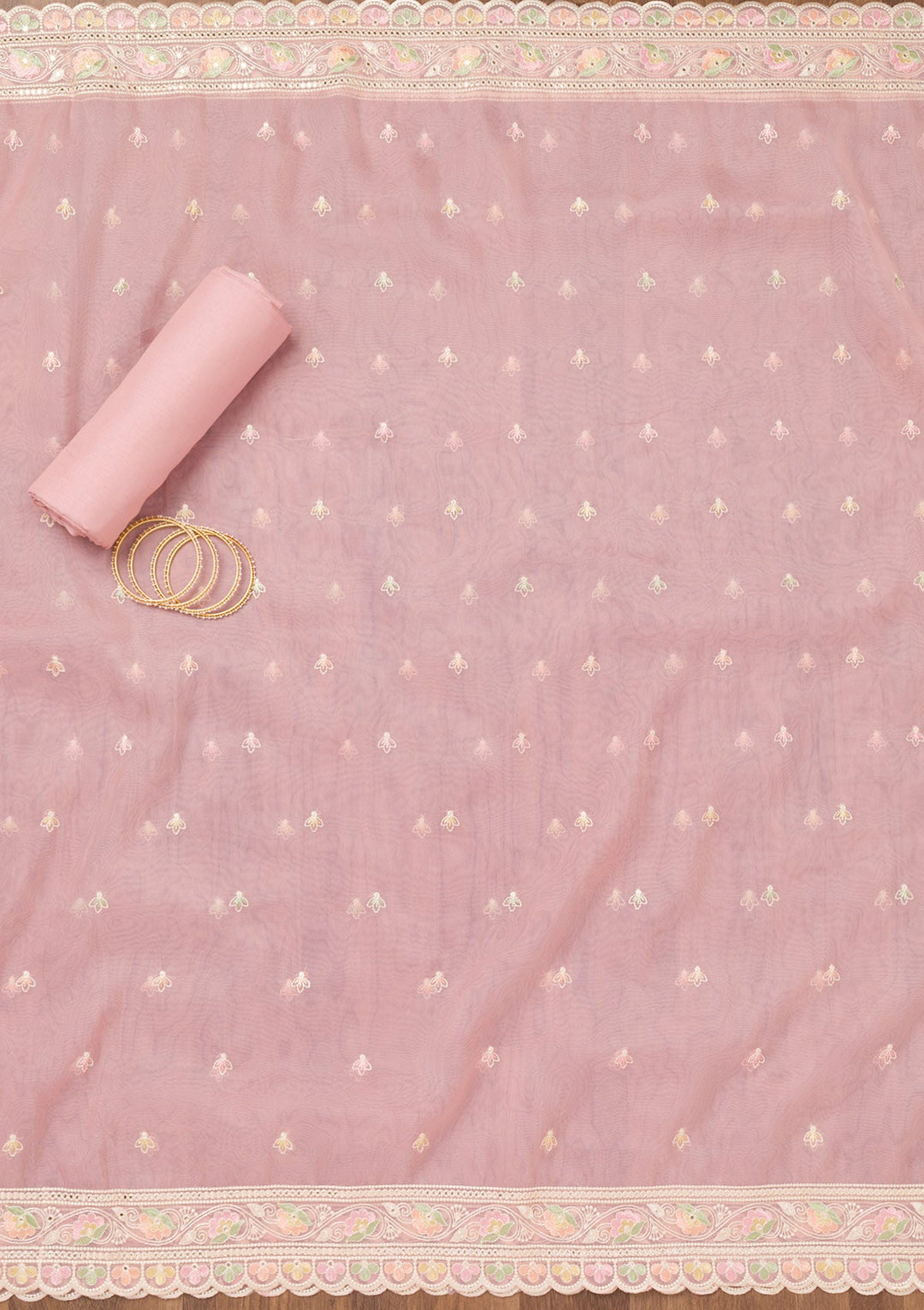 Pink Threadwork Organza Unstitched Salwar Suit-Koskii