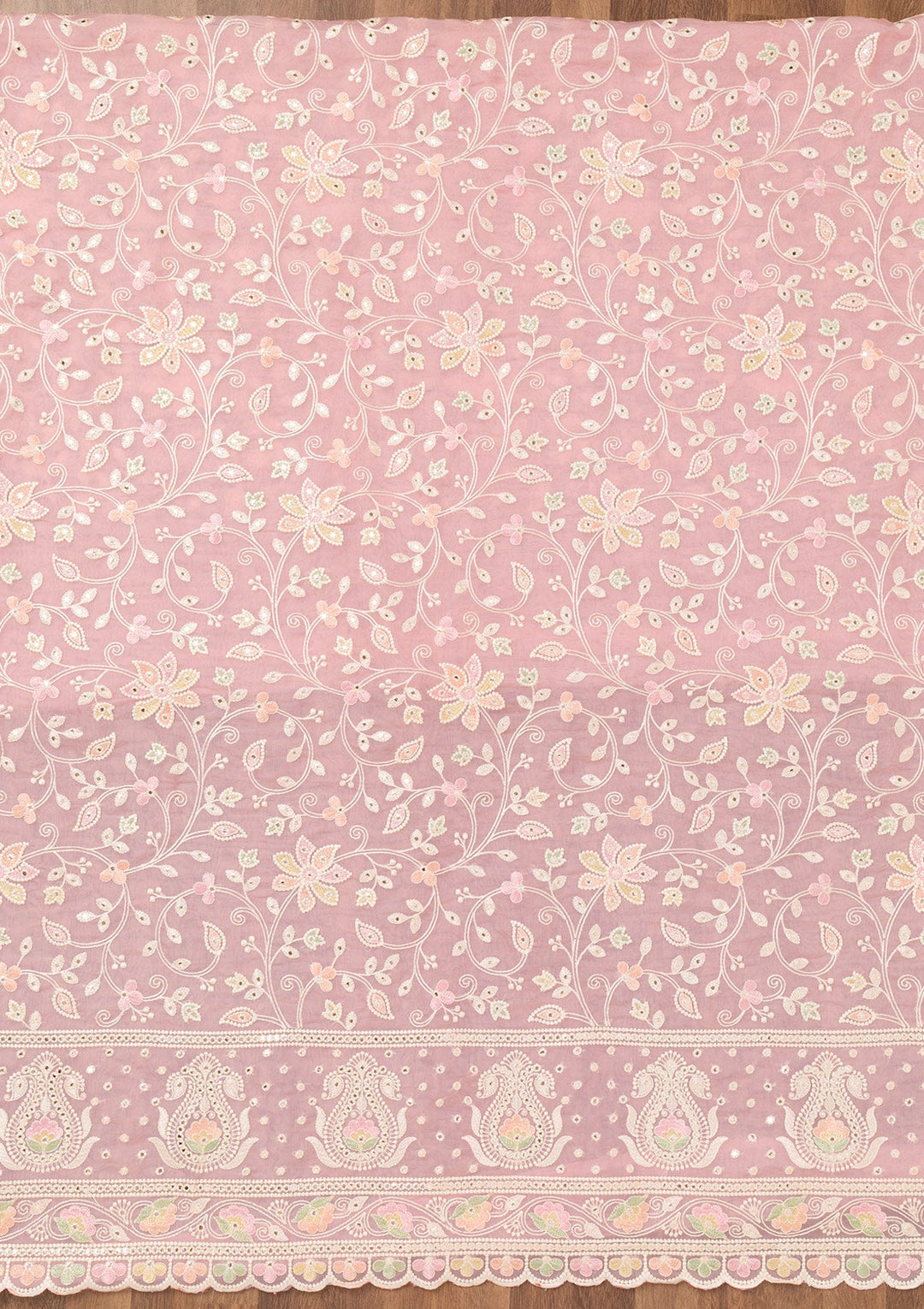 Pink Threadwork Organza Unstitched Salwar Suit-Koskii