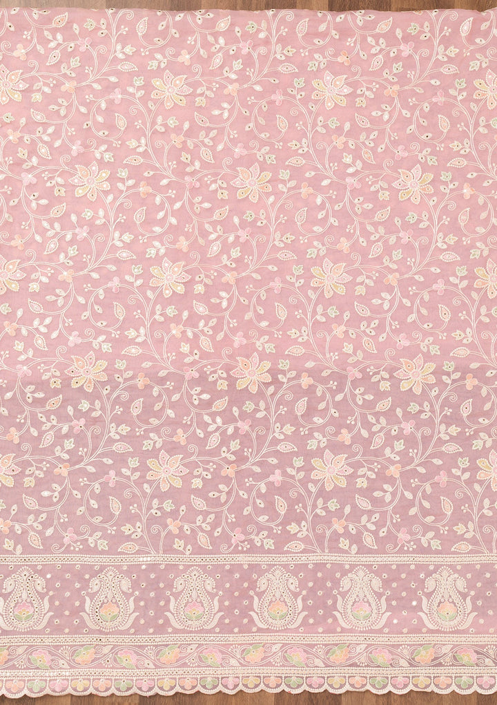 Pink Threadwork Organza Unstitched Salwar Suit-Koskii