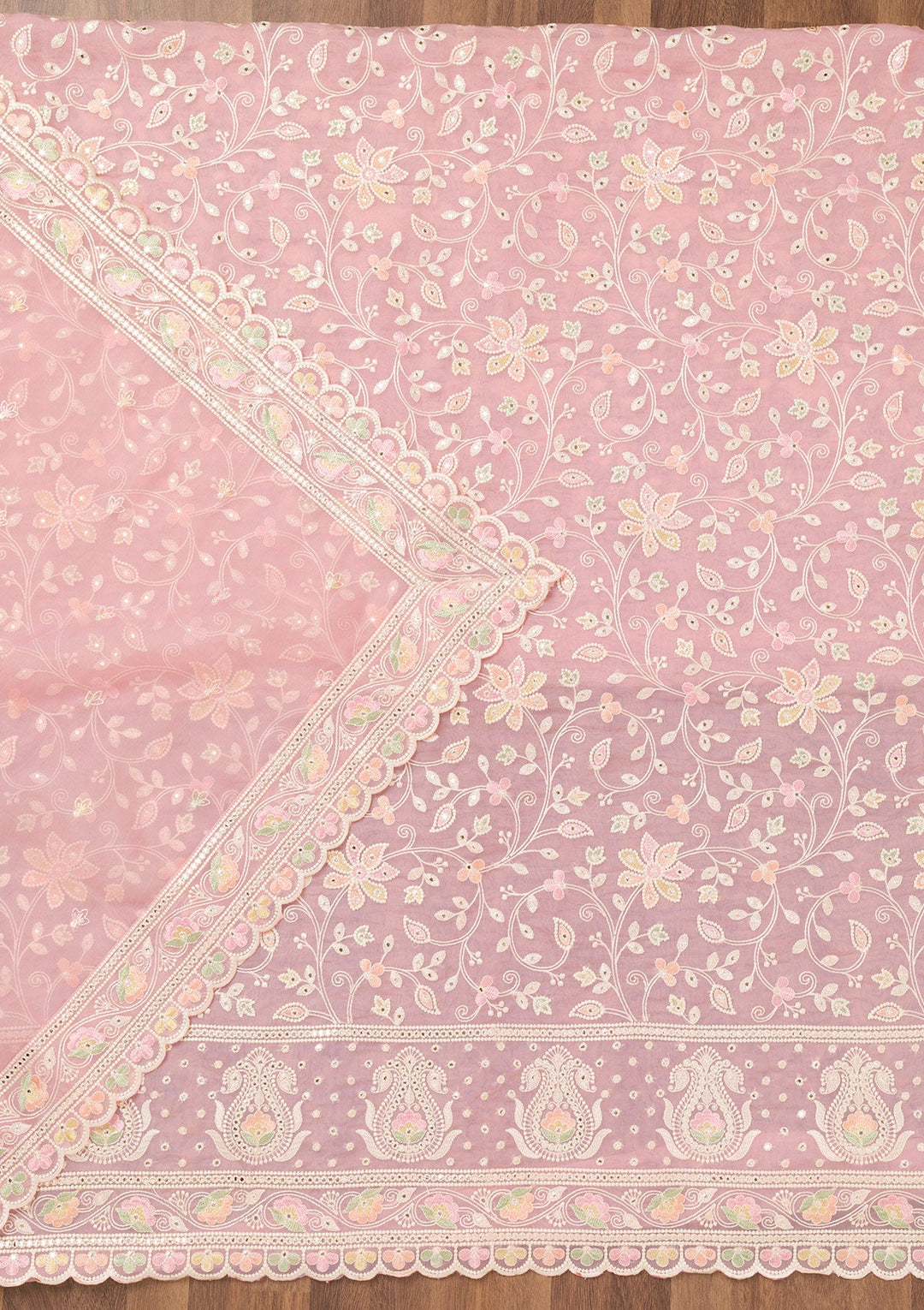 Pink Threadwork Organza Unstitched Salwar Suit-Koskii