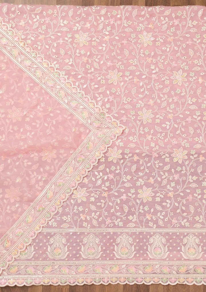 Pink Threadwork Organza Unstitched Salwar Suit-Koskii