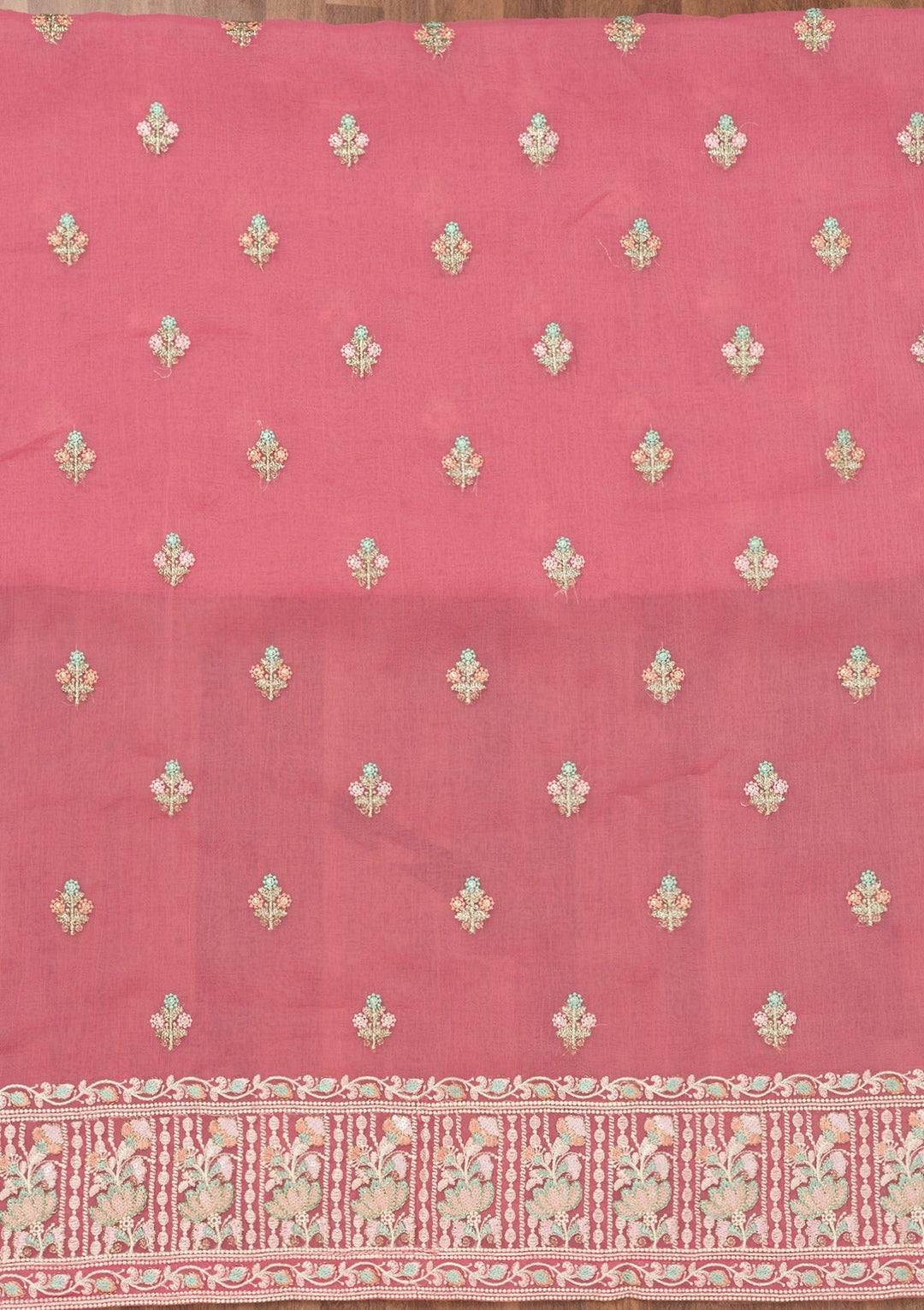 Pink Threadwork Organza Unstitched Salwar Suit-Koskii
