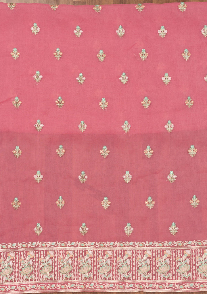 Pink Threadwork Organza Unstitched Salwar Suit-Koskii