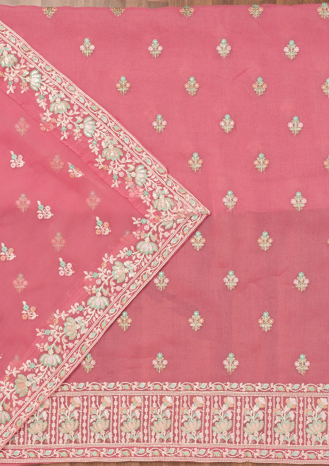 Pink Threadwork Organza Unstitched Salwar Suit-Koskii
