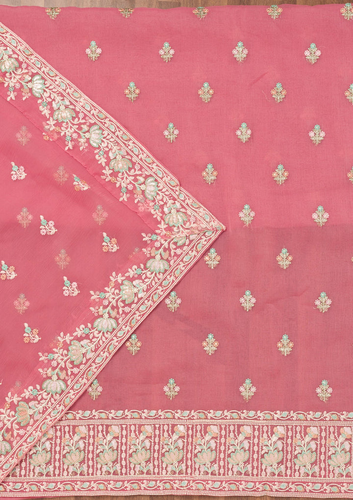 Pink Threadwork Organza Unstitched Salwar Suit-Koskii