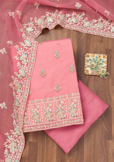 Pink Threadwork Organza Unstitched Salwar Suit-Koskii