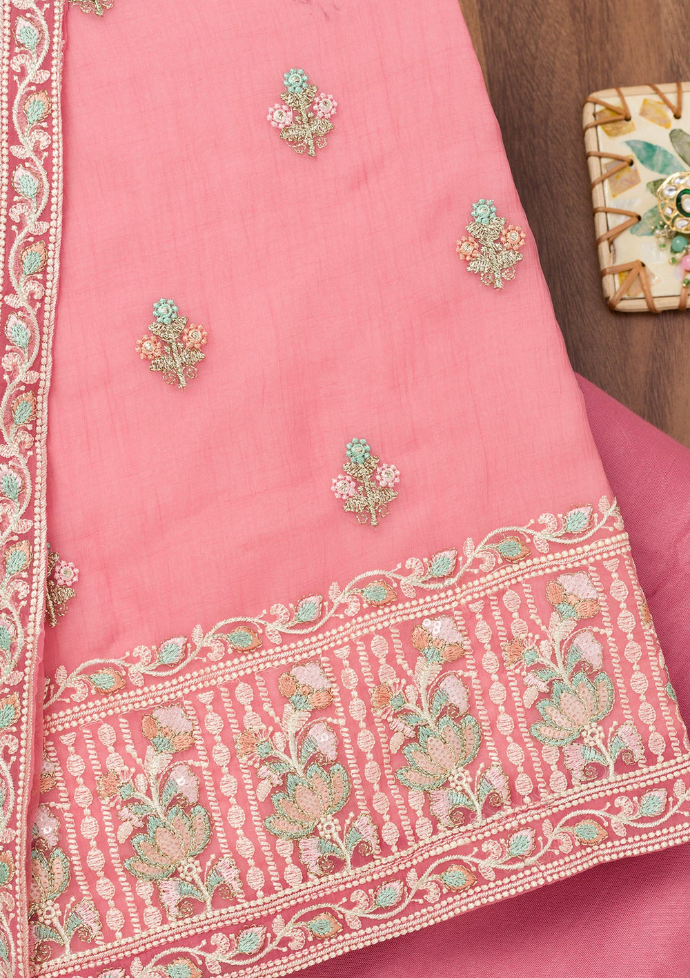 Pink Threadwork Organza Unstitched Salwar Suit-Koskii
