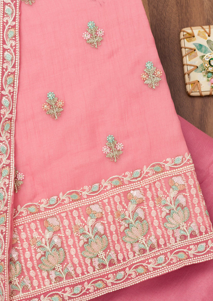 Pink Threadwork Organza Unstitched Salwar Suit-Koskii