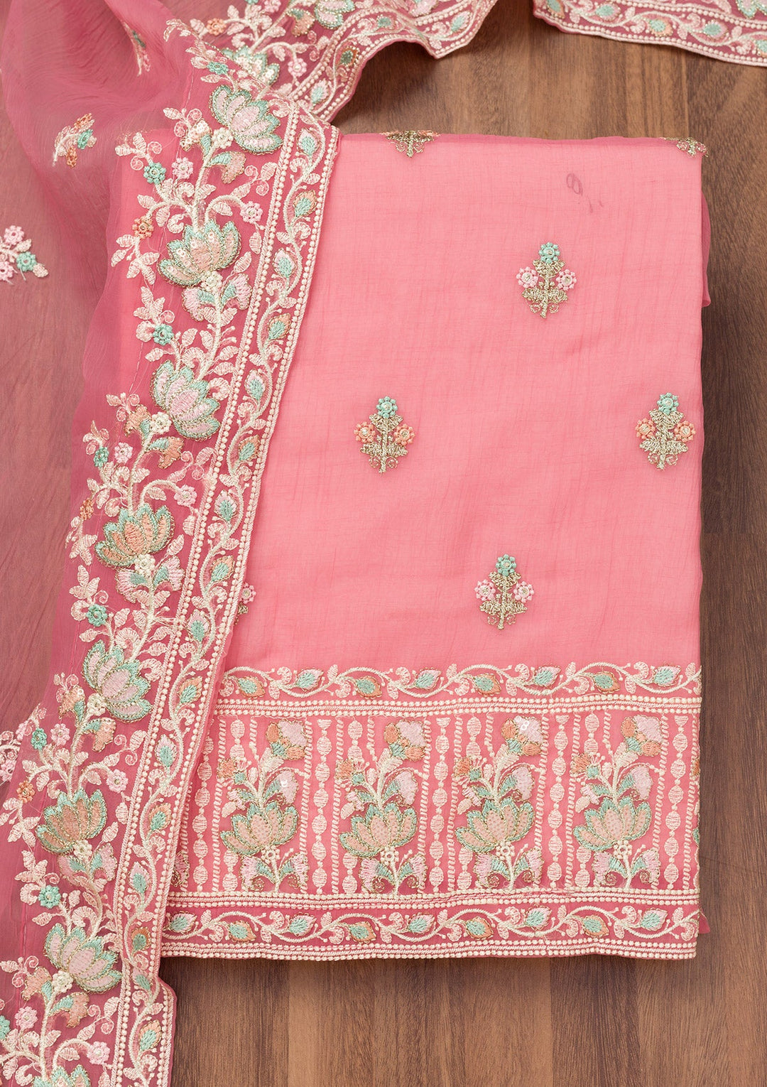 Pink Threadwork Organza Unstitched Salwar Suit-Koskii