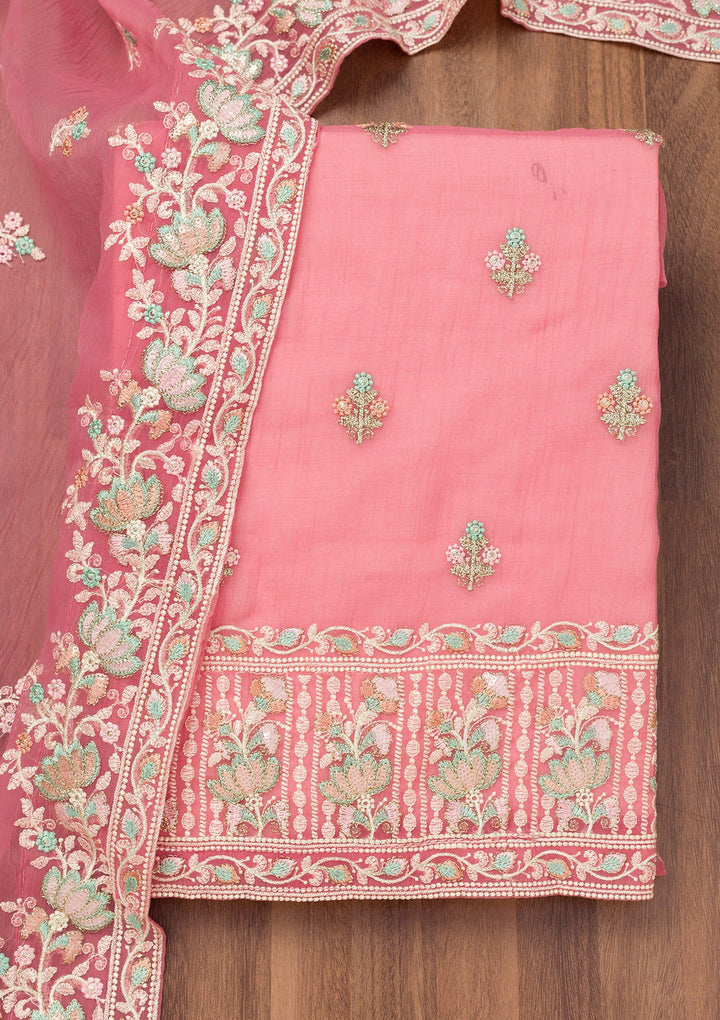 Pink Threadwork Organza Unstitched Salwar Suit-Koskii