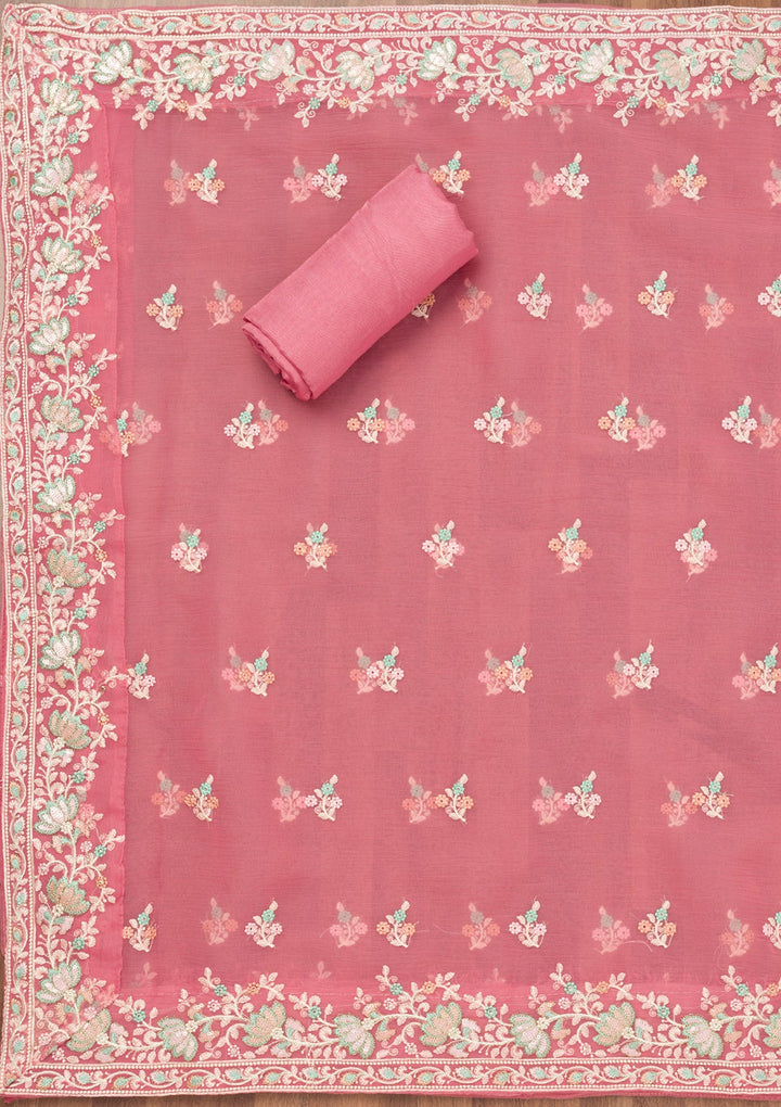 Pink Threadwork Organza Unstitched Salwar Suit-Koskii