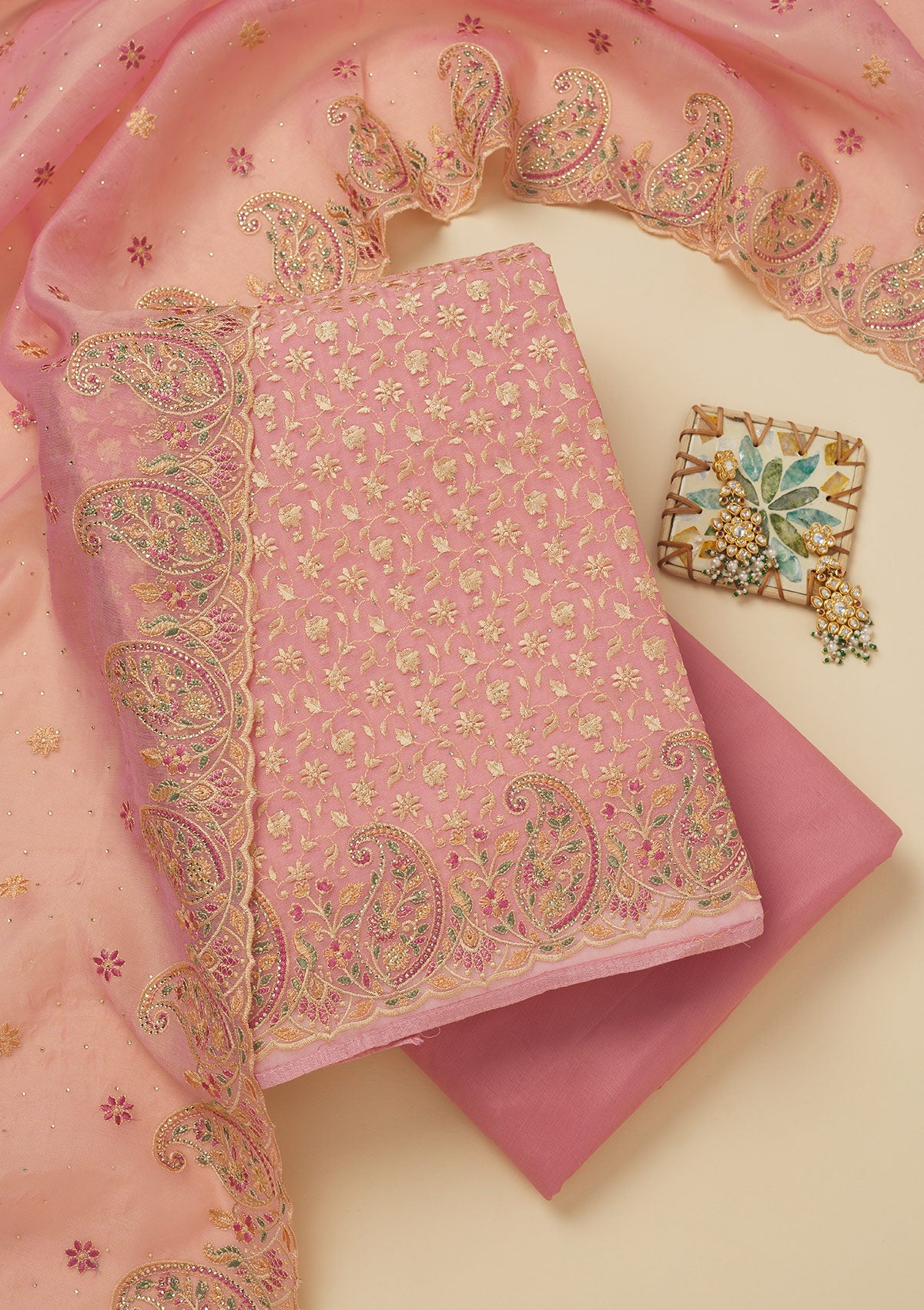 Pink Threadwork Organza Unstitched Salwar Suit-Koskii