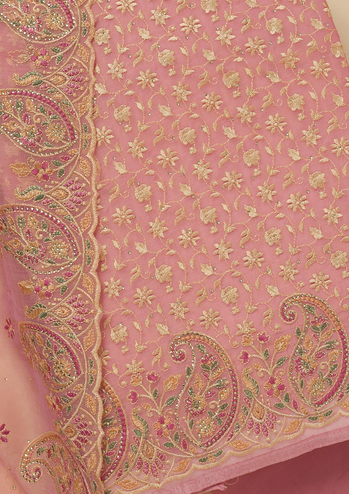 Pink Threadwork Organza Unstitched Salwar Suit-Koskii