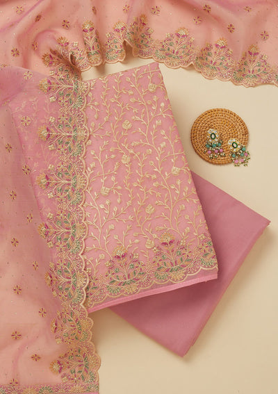 Pink Threadwork Organza Unstitched Salwar Suit-Koskii