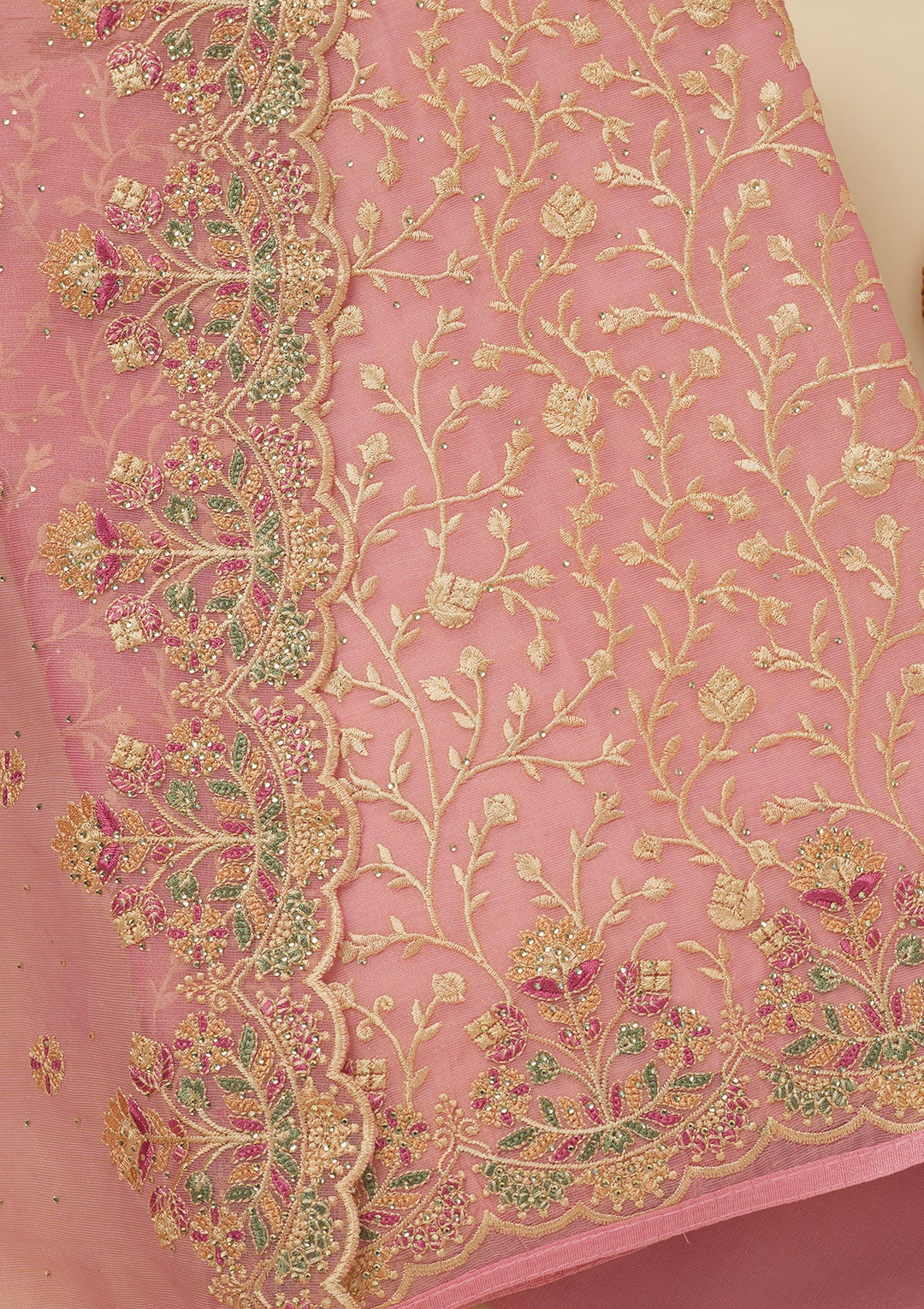 Pink Threadwork Organza Unstitched Salwar Suit-Koskii