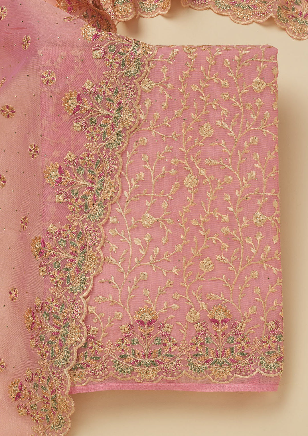 Pink Threadwork Organza Unstitched Salwar Suit-Koskii
