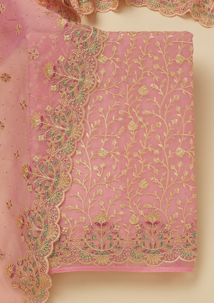 Pink Threadwork Organza Unstitched Salwar Suit-Koskii