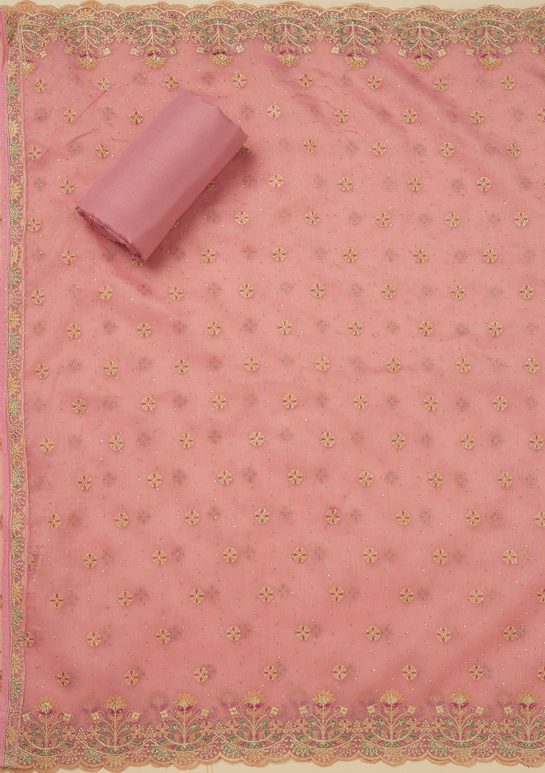 Pink Threadwork Organza Unstitched Salwar Suit-Koskii