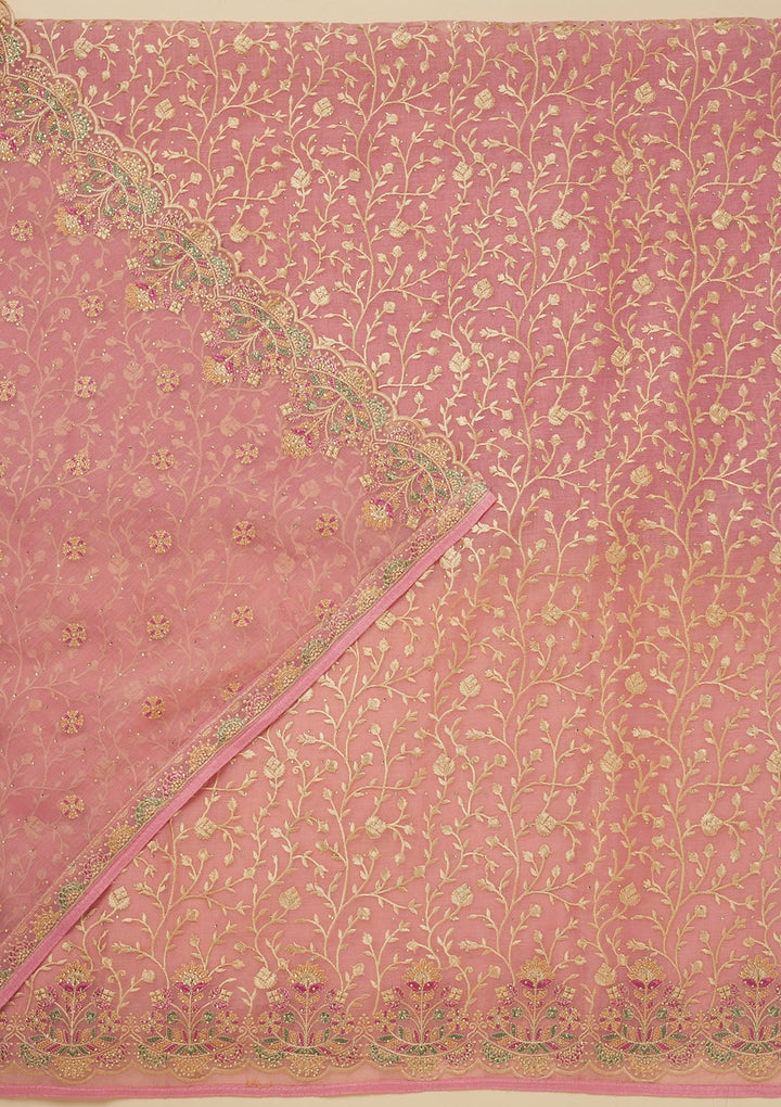 Pink Threadwork Organza Unstitched Salwar Suit-Koskii