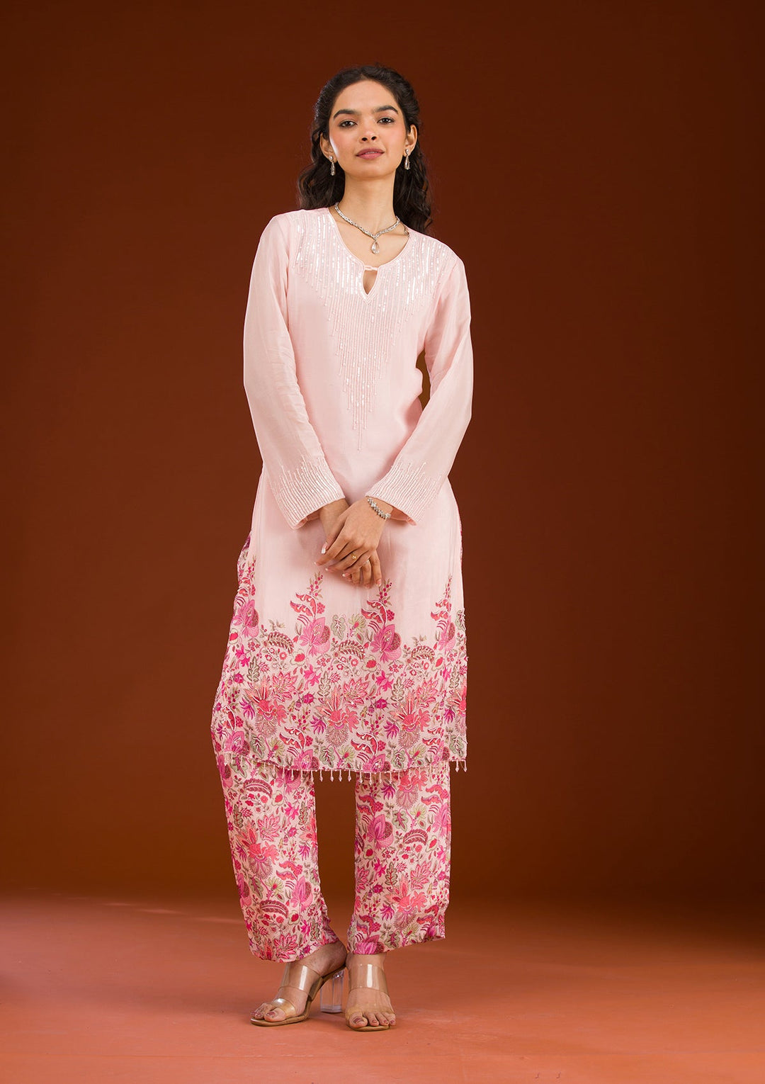 Pink Threadwork Semi Crepe Readymade Salwar Suit-Koskii