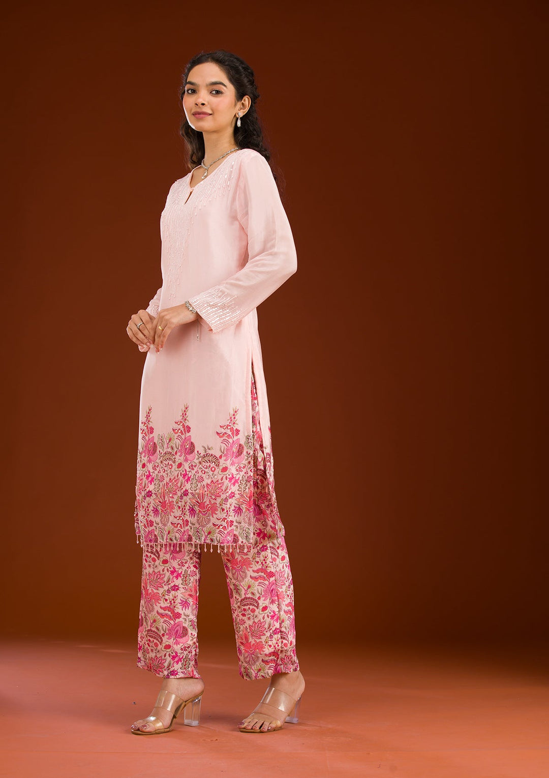 Pink Threadwork Semi Crepe Readymade Salwar Suit