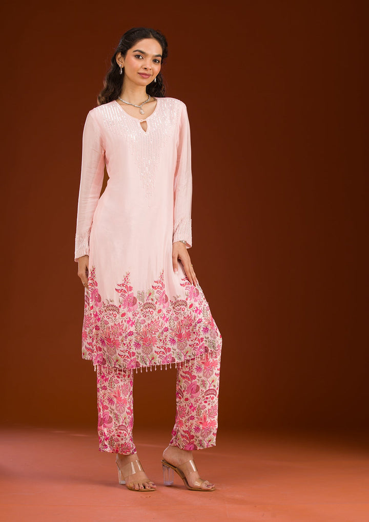 Pink Threadwork Semi Crepe Readymade Salwar Suit