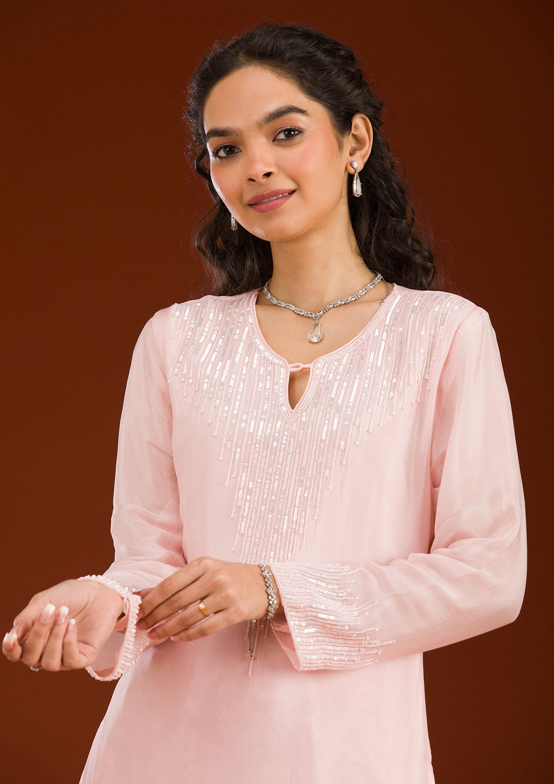 Pink Threadwork Semi Crepe Readymade Salwar Suit-Koskii