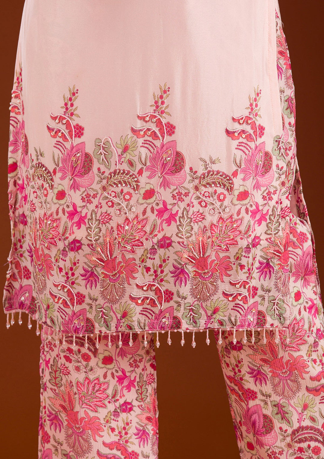 Pink Threadwork Semi Crepe Readymade Salwar Suit