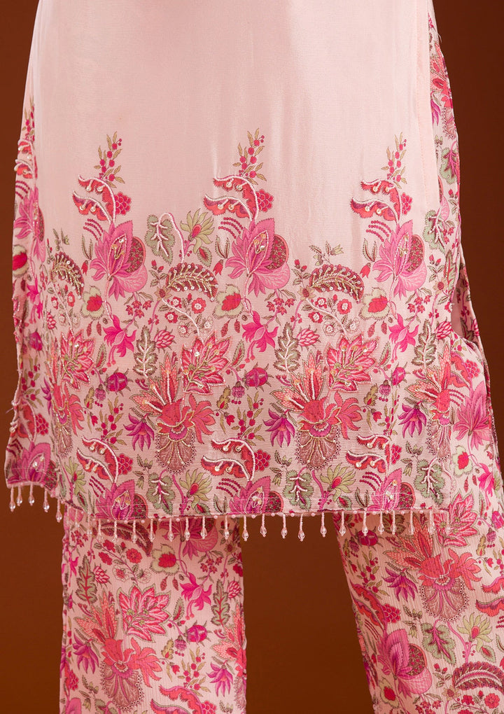 Pink Threadwork Semi Crepe Readymade Salwar Suit