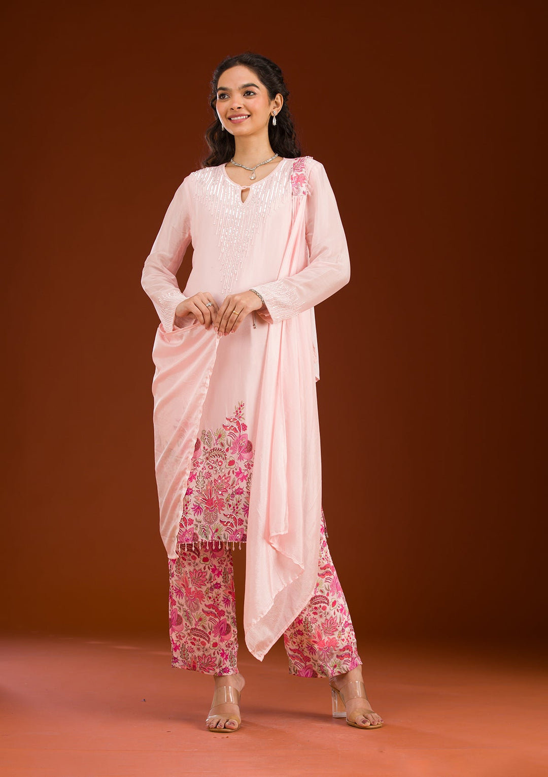Pink Threadwork Semi Crepe Readymade Salwar Suit
