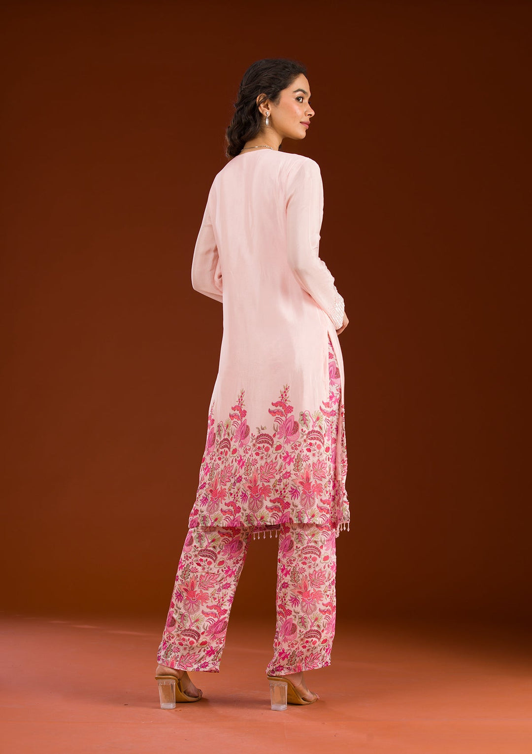 Pink Threadwork Semi Crepe Readymade Salwar Suit-Koskii