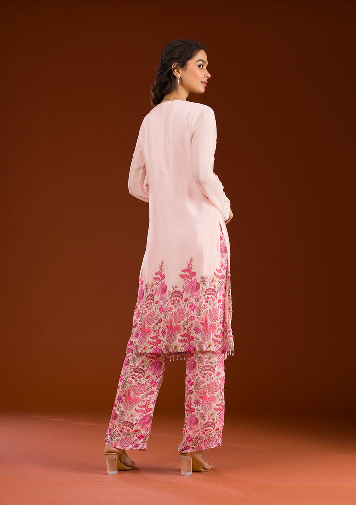 Pink Threadwork Semi Crepe Readymade Salwar Suit-Koskii