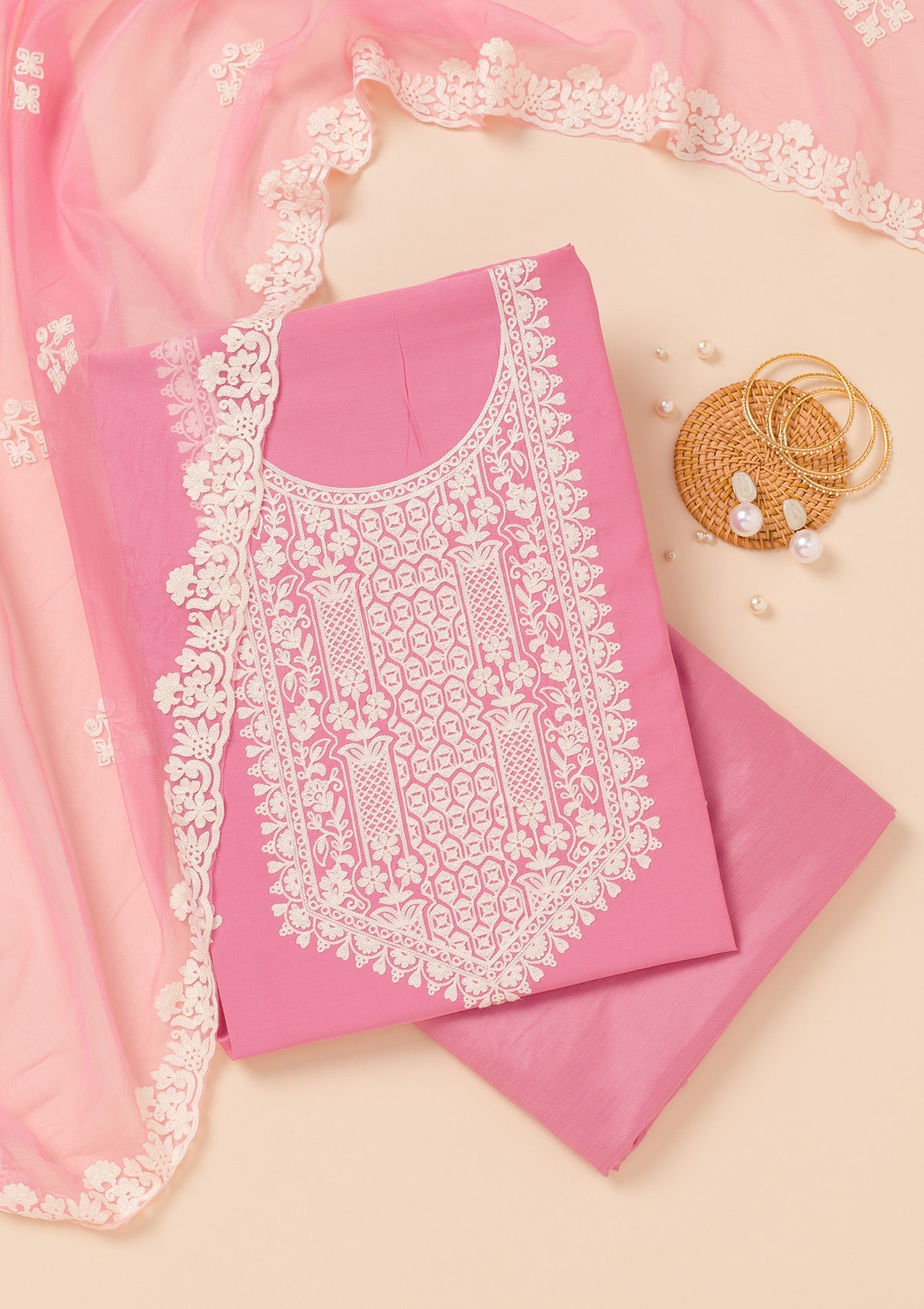 Pink Threadwork Semi Crepe Unstitched Salwar Suit-Koskii