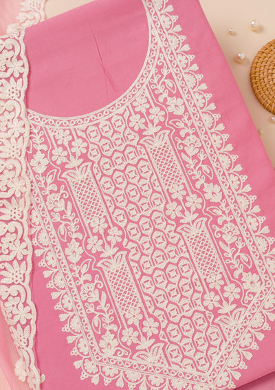 Pink Threadwork Semi Crepe Unstitched Salwar Suit-Koskii