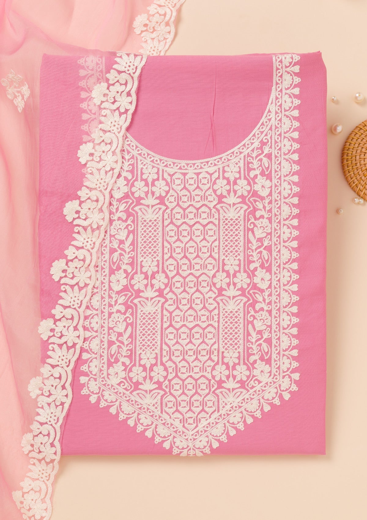 Pink Threadwork Semi Crepe Unstitched Salwar Suit-Koskii