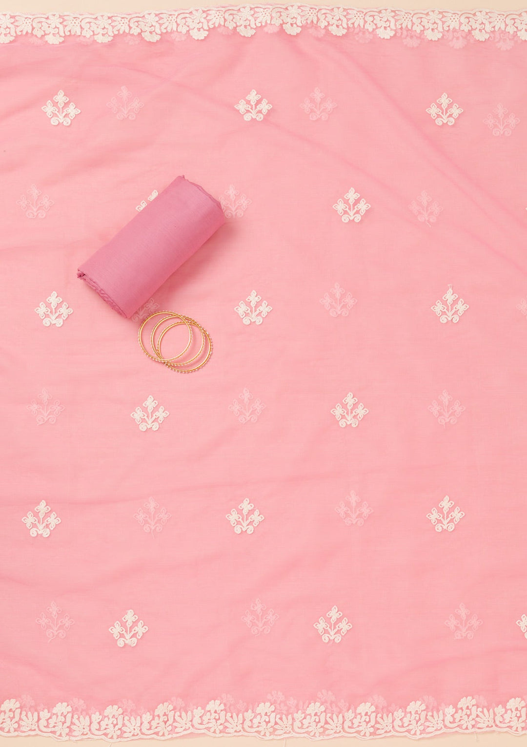 Pink Threadwork Semi Crepe Unstitched Salwar Suit-Koskii