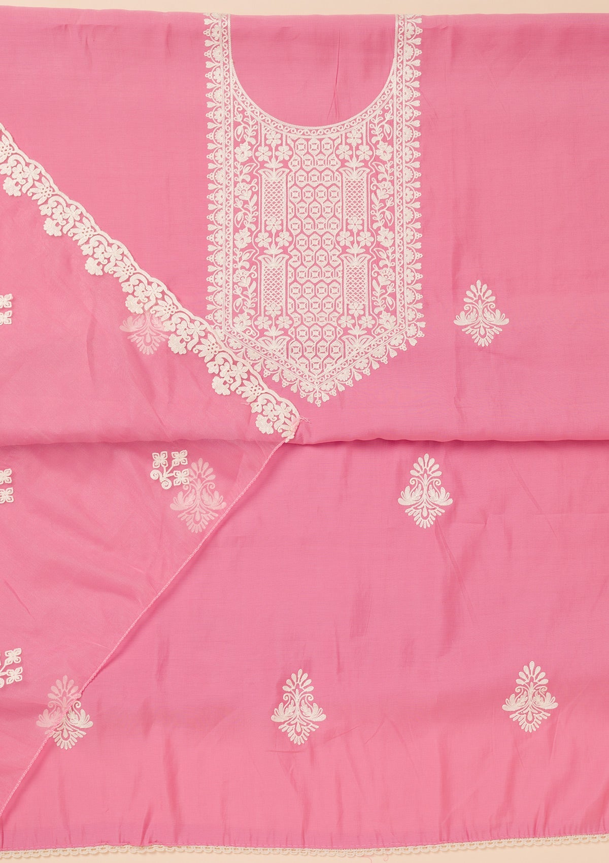 Pink Threadwork Semi Crepe Unstitched Salwar Suit-Koskii