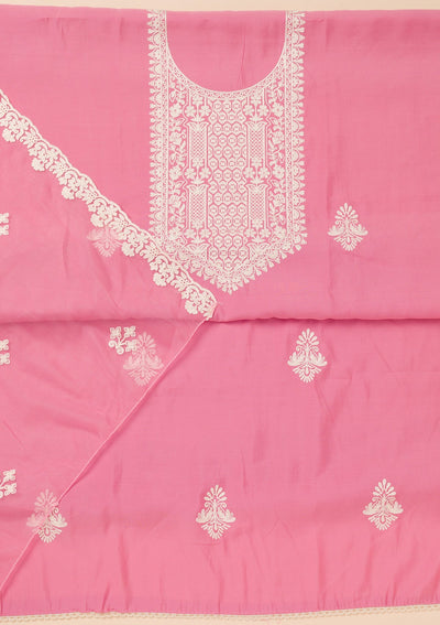 Pink Threadwork Semi Crepe Unstitched Salwar Suit-Koskii