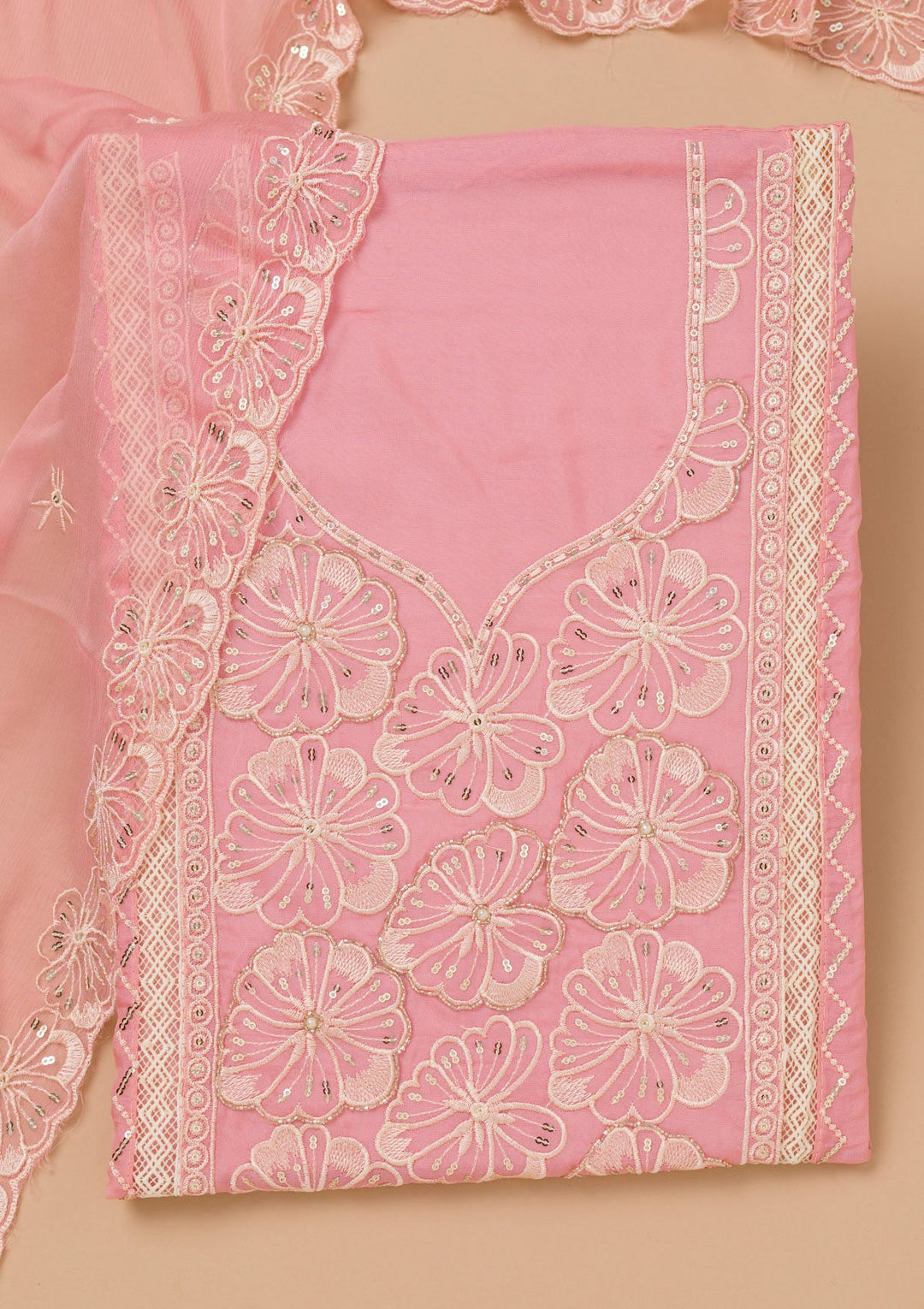 Pink Threadwork Semi Crepe Unstitched Salwar Suit-Koskii