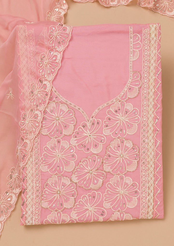 Pink Threadwork Semi Crepe Unstitched Salwar Suit-Koskii
